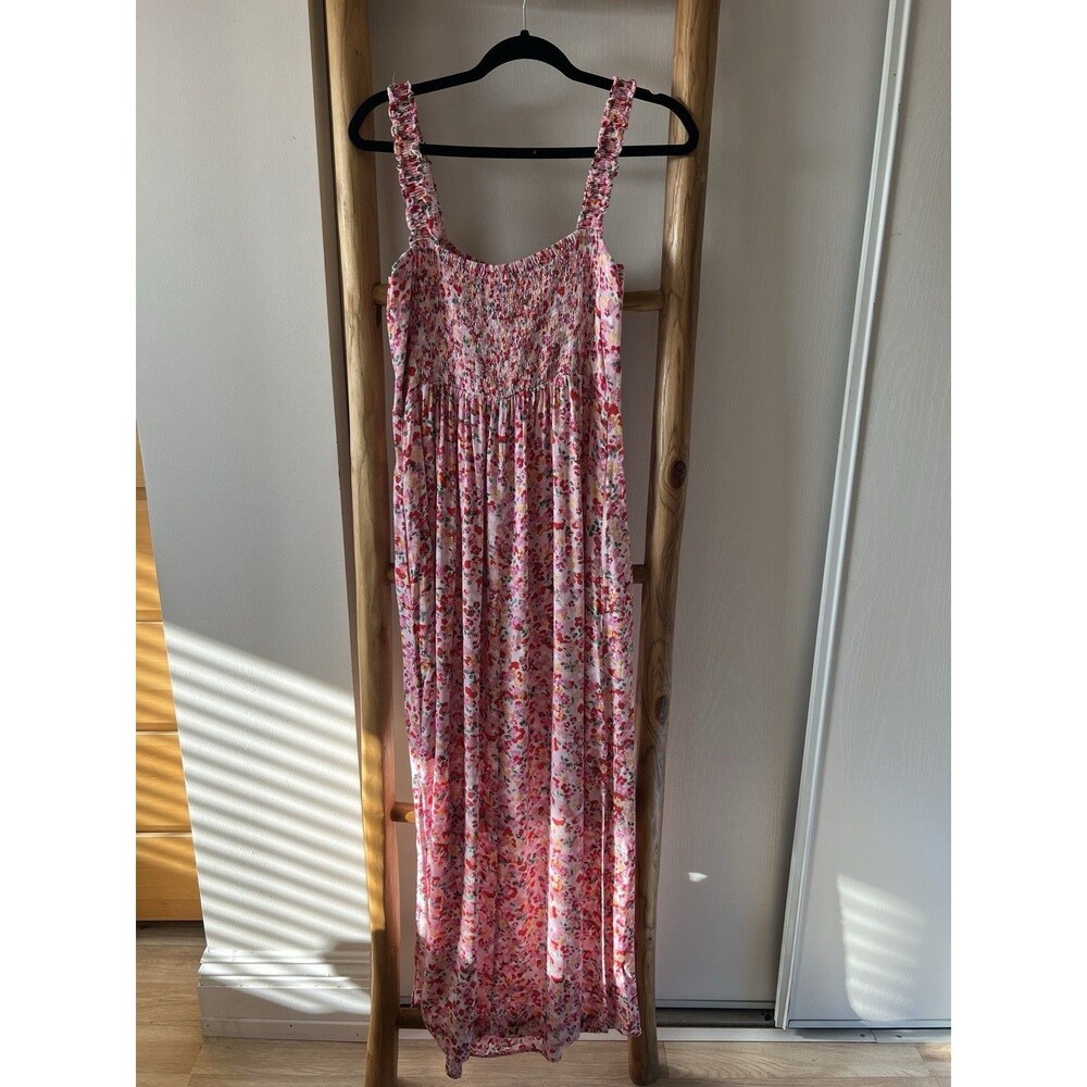 Seraphine Womens Pink Floral Smocked Square Neck Strappy Maxi Dress 12 - Picture 2 of 4